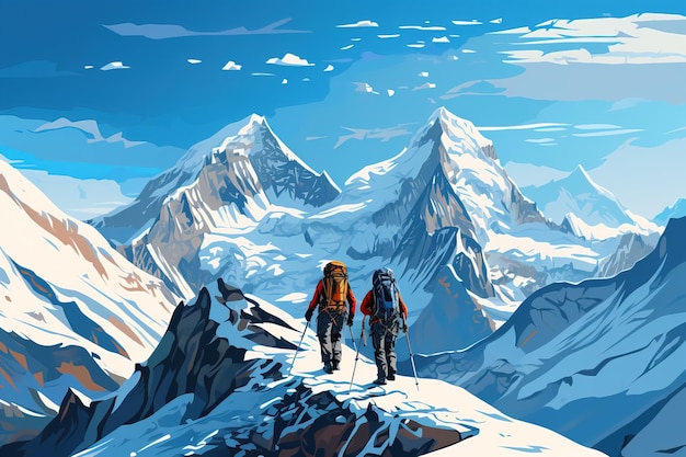 Illustration d'un couple d'alpinistes marchant sur un sentier de montagne