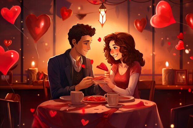 Illustration d'un couple ayant un dîner romantique avec des roses et des cœurs en arrière-plan