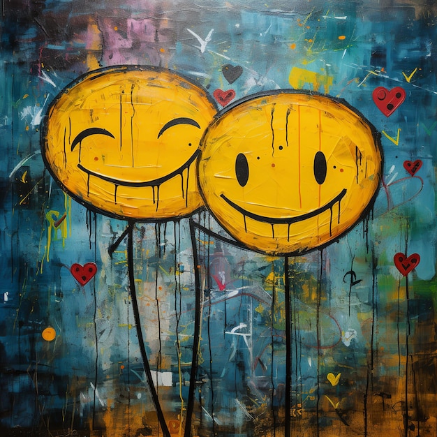 illustration d'un couple heureux amoureux de smiley peint et de huggi