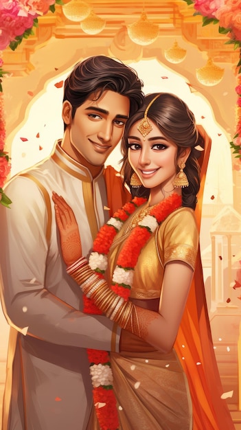 Illustration d'un couple de mariage indien se tenant