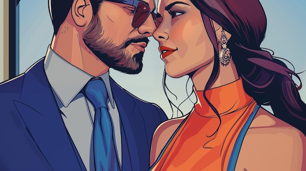 Illustration d'un couple à la mode s'embrassant tendrement dans des vêtements luxueux