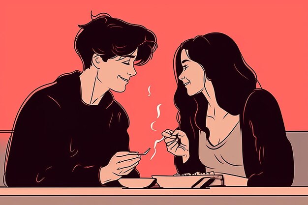 Illustration d'un couple parlant et buvant du café avec une scène de romance