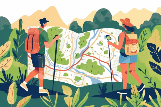 Photo une illustration d'un couple de randonneurs qui se promènent dans la nature une petite personne avec un sac à dos fait une randonnée dans la nature un concept d'illustration moderne plat de voyage aventure sport orientation tourisme et