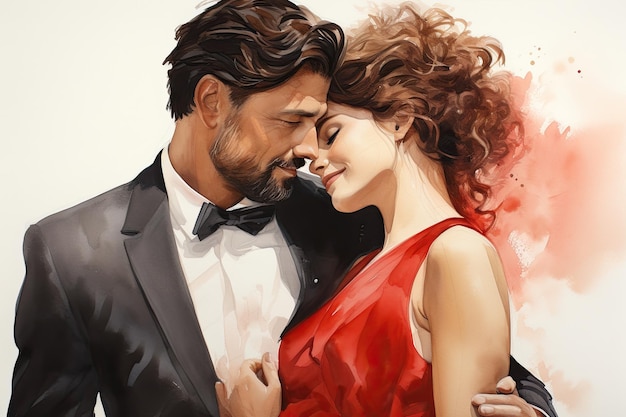 Illustration d'un couple en tenue de soirée Elle porte une robe rouge il porte un costume Ils sourient et se font des câlins