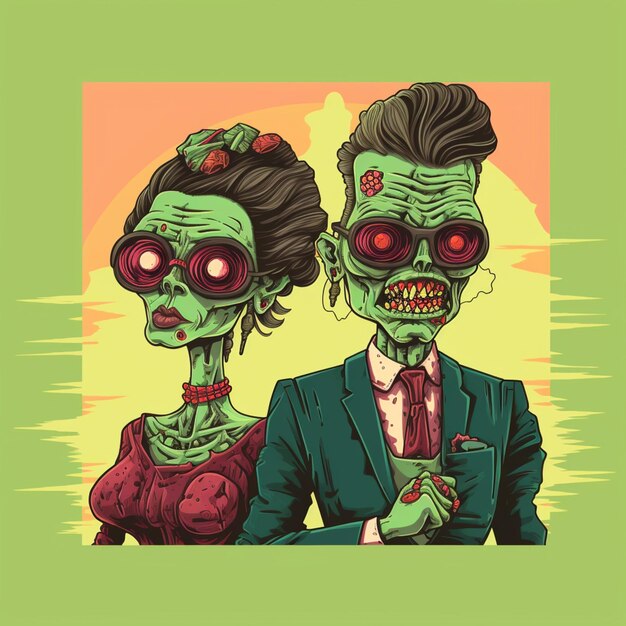 Photo illustration d'un couple de zombies habillés en tenue formelle