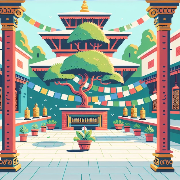 illustration d'une cour paisible à l'intérieur d'un temple népalais représentant un arbre Bodhi avec un voletage