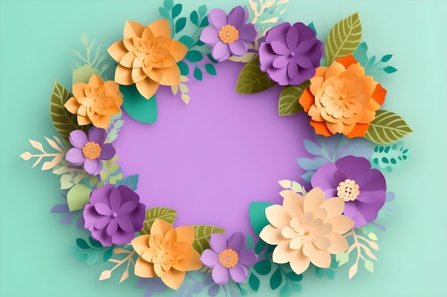 Illustration de couronne de fleurs 3D arrangement botanique bouquet floral festif papier découpé art couleurs de bonbons lumineuses mères heureuses saint valentin concept de vacances de la journée des femmes Ai généré