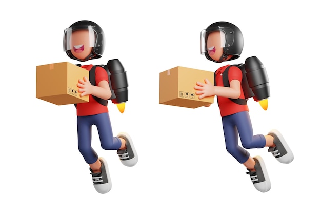 Illustration d'un courrier volant avec un jetpack tout en tenant une boîte en carton rendu 3d