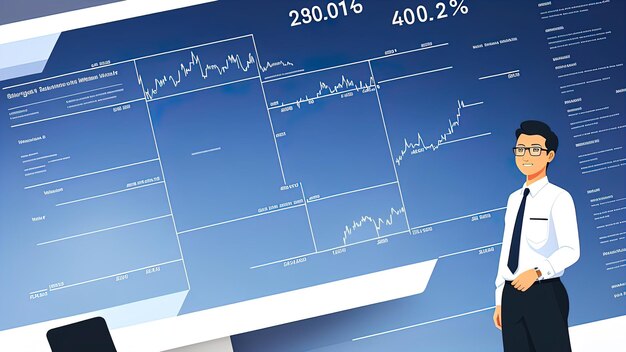 L'illustration d'un courtier et de graphiques symbolise les affaires et la finance d'investissement en devises boursières