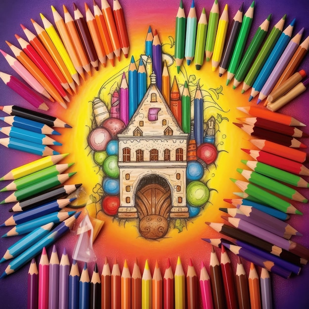 Illustration de couverture pour un livre de coloriage pour les enfants de grands crayons et crayons de couleur