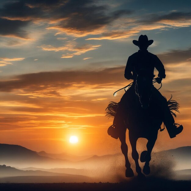 illustration d'un cow-boy à cheval au coucher du soleil