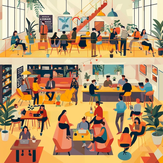 Photo une illustration d'un coworking avec beaucoup de gens