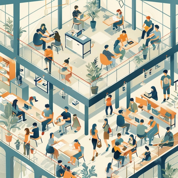 une illustration d'un coworking avec beaucoup de gens