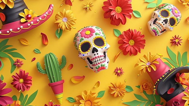 Une illustration de crânes de sucre, de marigolds, de sombreros, de cactus et de maracas sur un fond jaune avec du papier picado