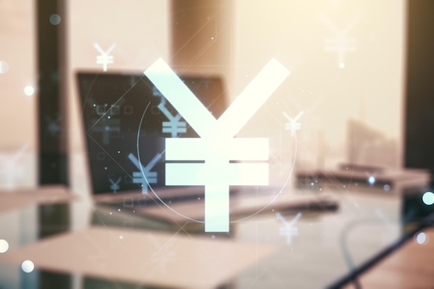Illustration créative du symbole du yen japonais sur fond d'ordinateur moderne concept de forex et de devise Multiexposition