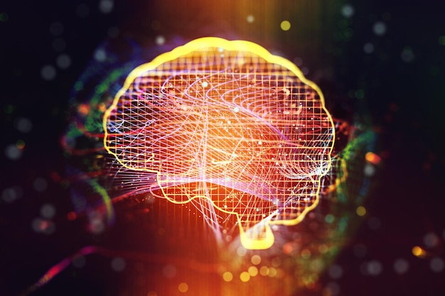 Illustration créative numérique du cerveau humain sur fond sombre Intelligence artificielle et concept d'apprentissage automatique rendu 3D