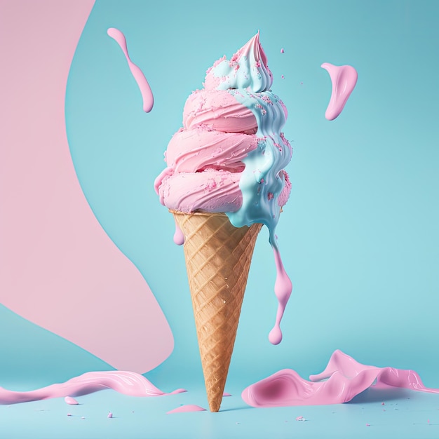 Illustration de crème glacée rose et bleue IA générative