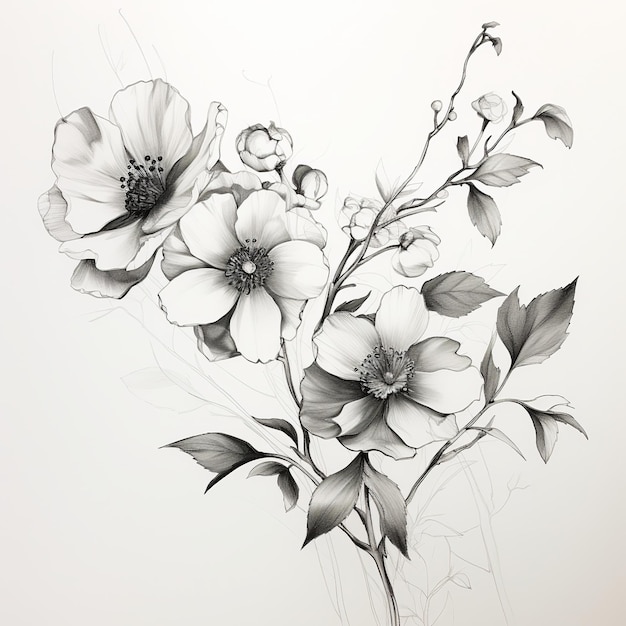 Photo illustration de croquis au crayon noir et blanc de fleurs contre whi