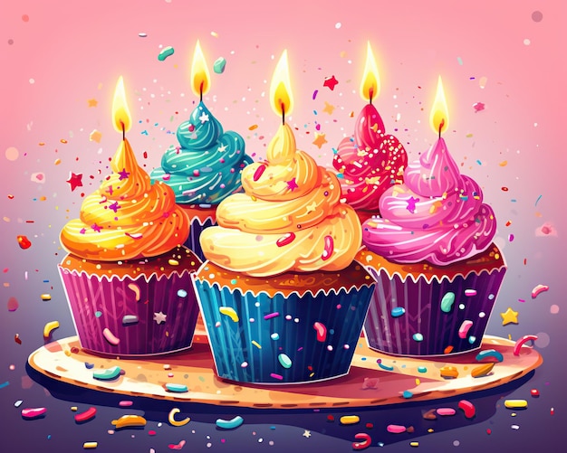 Illustration de cupcakes colorés avec des bougies Generative AI