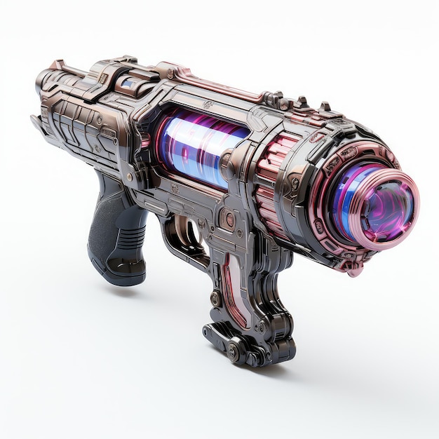 Photo illustration cyberpunk pistolet laser blindé avec couleur bleu violet dans le paysage urbain au néon