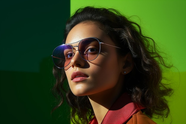 illustration de dame de la mode dans des lunettes de soleil colorées pose sur un fond coloré