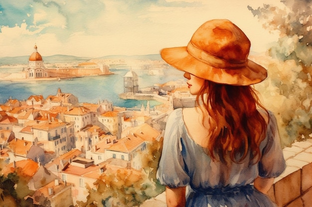 Illustration dans un style aquarelle Belle fille en robe et chapeau regardant la belle ville de la colline Vue de derrière Voyager et se détendre Generative AI