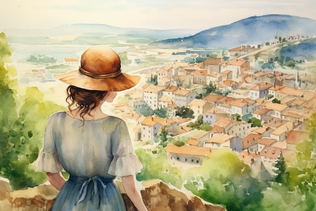 Illustration dans un style aquarelle Belle fille en robe et chapeau regardant le magnifique paysage du village depuis la plate-forme d'observation Vue de derrière Voyager et se détendre Generative AI