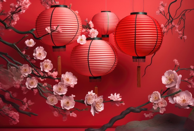 Illustration dans le style chinois d'élégantes lanternes chinoises avec des fleurs de cerisier sur fond rouge Generative AI