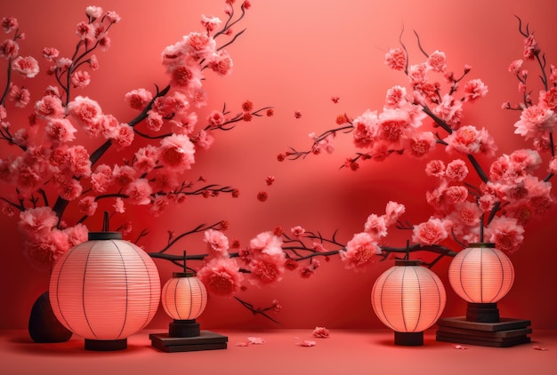 Illustration dans le style chinois d'élégantes lanternes chinoises avec des fleurs de cerisier sur fond rouge Generative AI