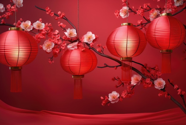 Illustration dans le style chinois d'élégantes lanternes chinoises avec des fleurs de cerisier sur fond rouge Generative AI