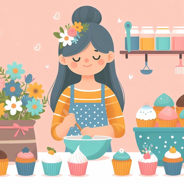 Illustration dans le style de flare d'une jeune femme faisant des cupcakes Concept de confiserie