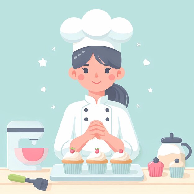 Illustration dans le style plat d'un pâtissier faisant des cupcakes