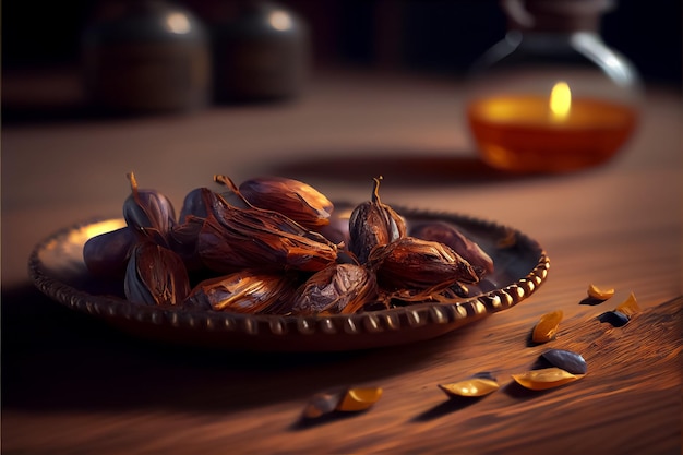 Illustration de la date de fête arabe sur la table saint jeûne avec bougie AI