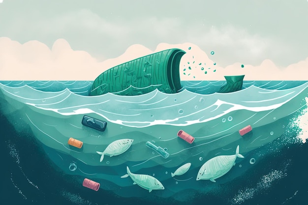 Une illustration de déchets plastiques provenant de bouteilles dérivant dans l'océan