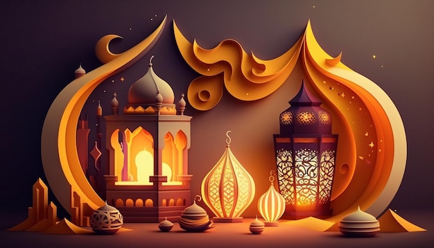 Une illustration découpée en papier de lanternes et de lanternes avec les mots ramadan.