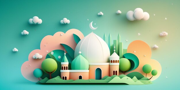 Une illustration découpée en papier d'une mosquée et d'un fond d'écran lune ramadhan fond d'écran eid mubarak