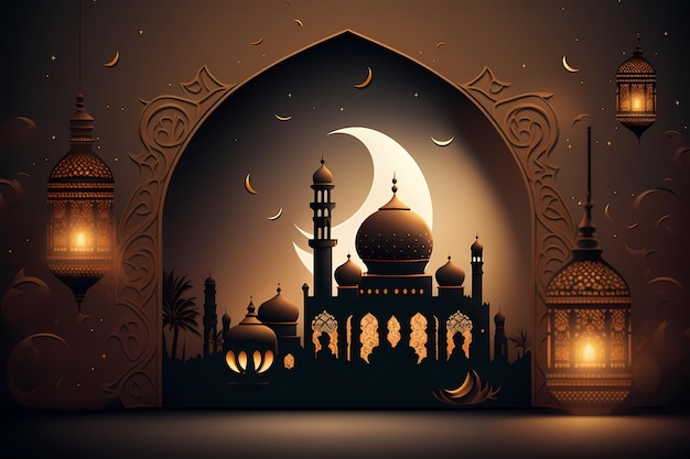 Une illustration découpée en papier d'une mosquée avec une lanterne et la lune.