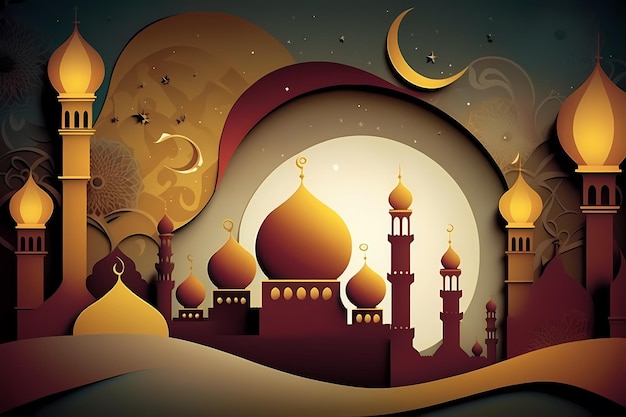 Une illustration découpée en papier d'une mosquée avec une lune et des étoiles.