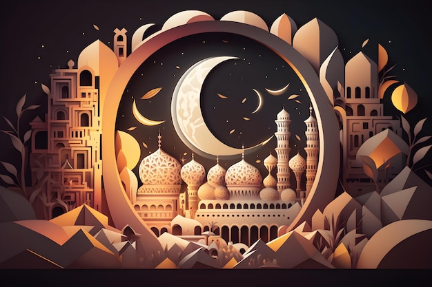 Une illustration découpée en papier d'une mosquée et d'une lune.