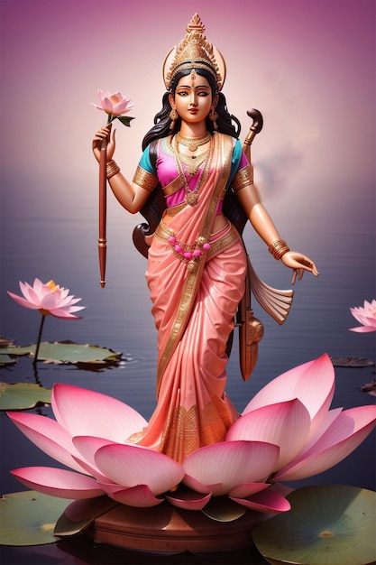 Photo illustration de la déesse saraswati debout sur un instrument de musique en bois de lotus