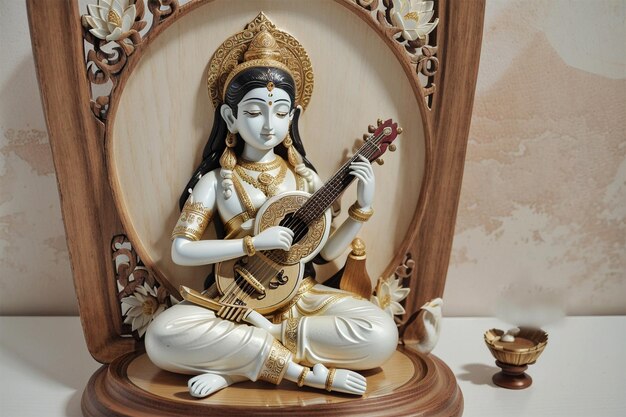 Illustration de la déesse Saraswati debout sur un instrument de musique en bois de lotus