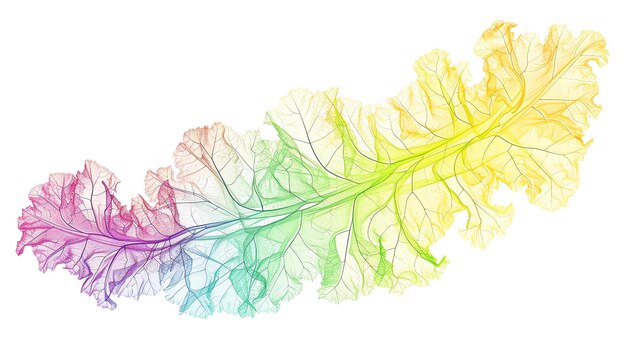 Photo illustration délicate et détaillée d'une feuille aux couleurs de l'arc-en-ciel les veines de la feuille sont clairement visibles et les couleurs sont vives et réalistes