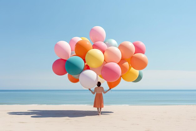 Illustration délicate d'une femme tenant plusieurs ballons à la plage dans un style contemporain idéal pour représenter l'été Generative AI