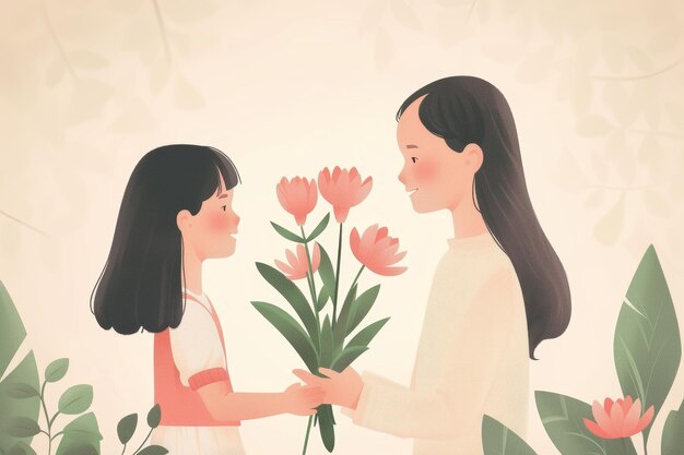 Illustration délicate d'une mère et d'une fille partageant des tulipes dans un jardin pastel