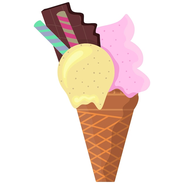 Illustration délicieuse glace colorée cône de gaufre à fond blanc