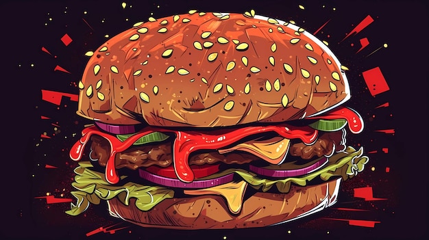 Illustration d'un délicieux burger ou hamburger avec pain à la viande et salade ai générative