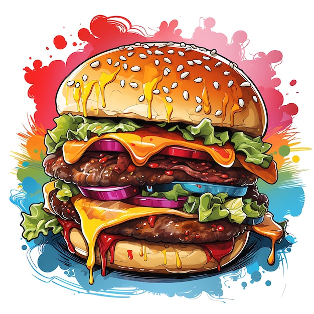 illustration d'un délicieux cheeseburger au bacon dans le style de banky coloré