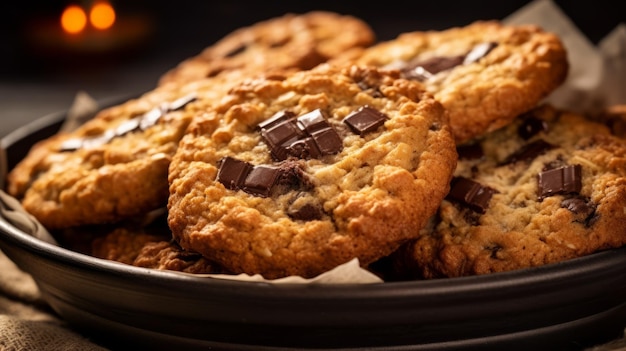 Illustration d'un délicieux lot de biscuits au chocolat fait maison sur une table en bois