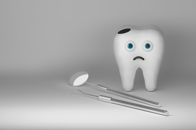 Illustration dentaire médicale avec personnage de dessin animé triste une dent et ustensiles dentaires sur fond blanc. Image avec copie espace vide. illustration 3D.
