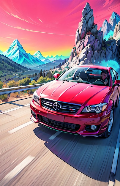 Illustration de la dérive de voiture rouge avec vue sur la montagne